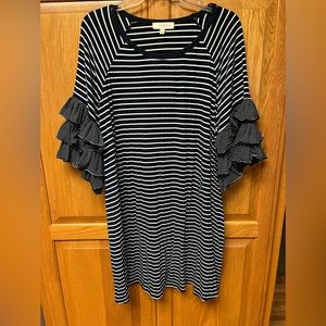 Navy and White striped dress with ruffled sleeves 2X